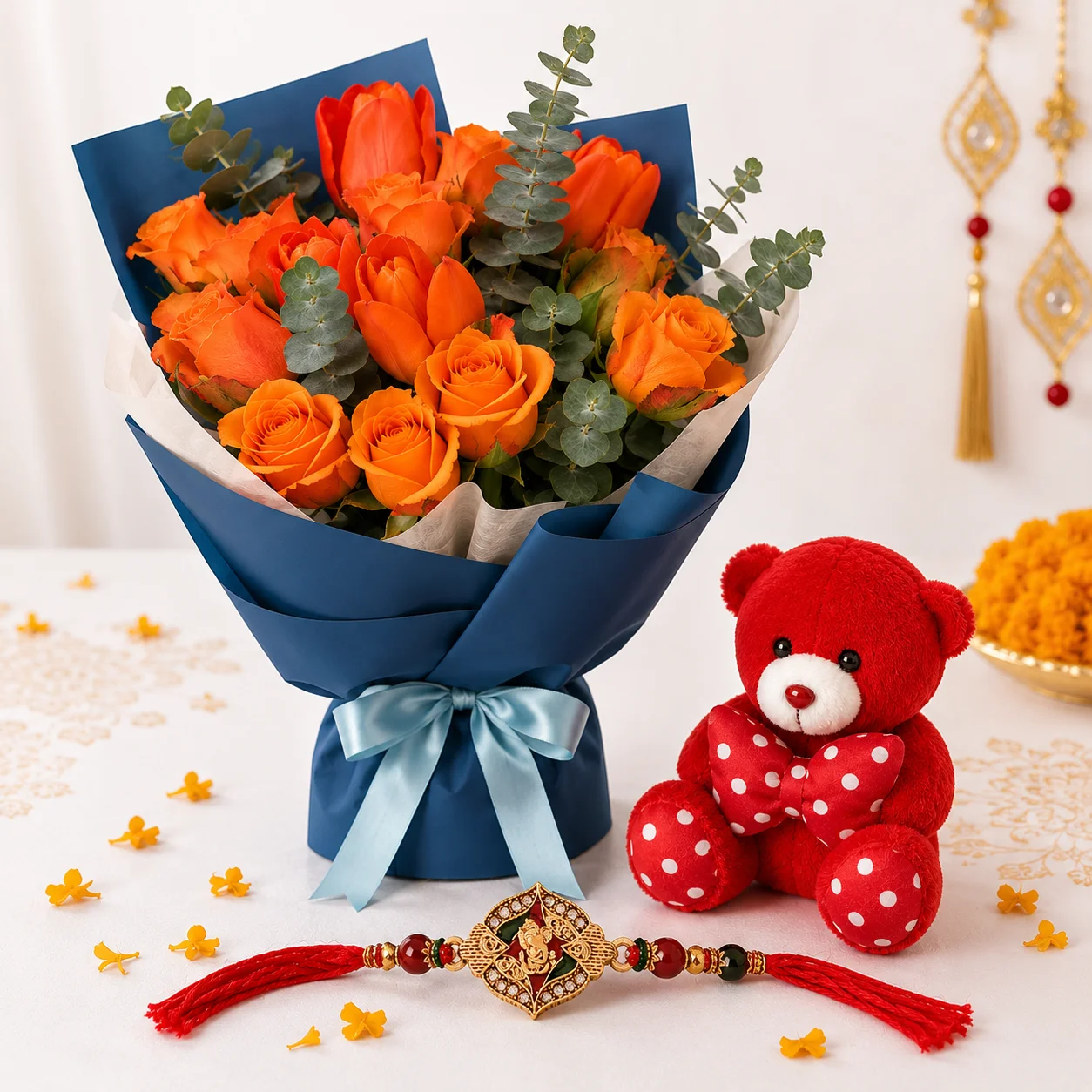 Orange Glow Teddy Rakhi Gift featuring 15 fresh orange roses, soft red teddy and premium designer rakhi